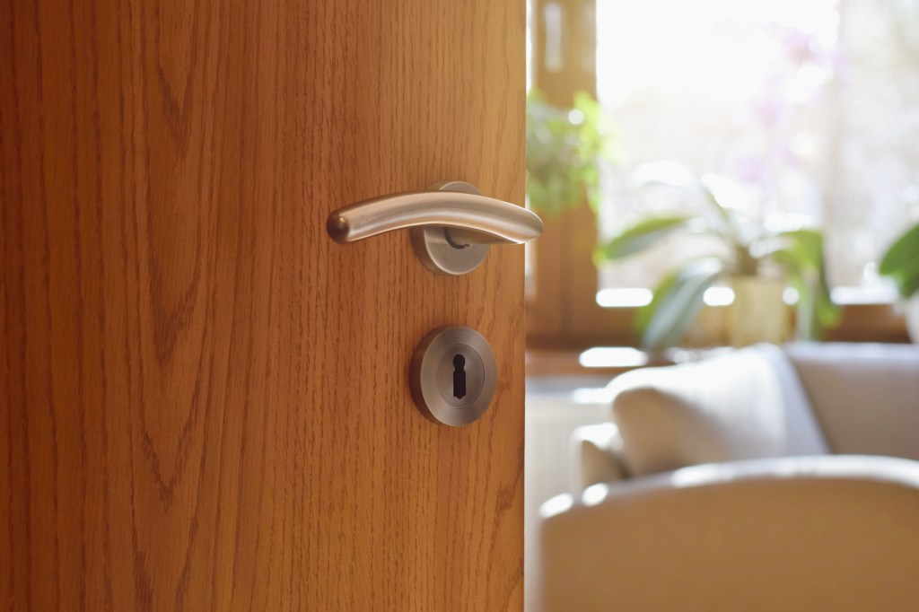 A close up of a wooden door with a modern silver handle. The door is ajar and the view gives a glimpse into a brightly lit, warm room with a tan chair and plants in a windowsill.